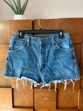 Wrangler Distressed Mid-High Rise Blue Denim Shorts